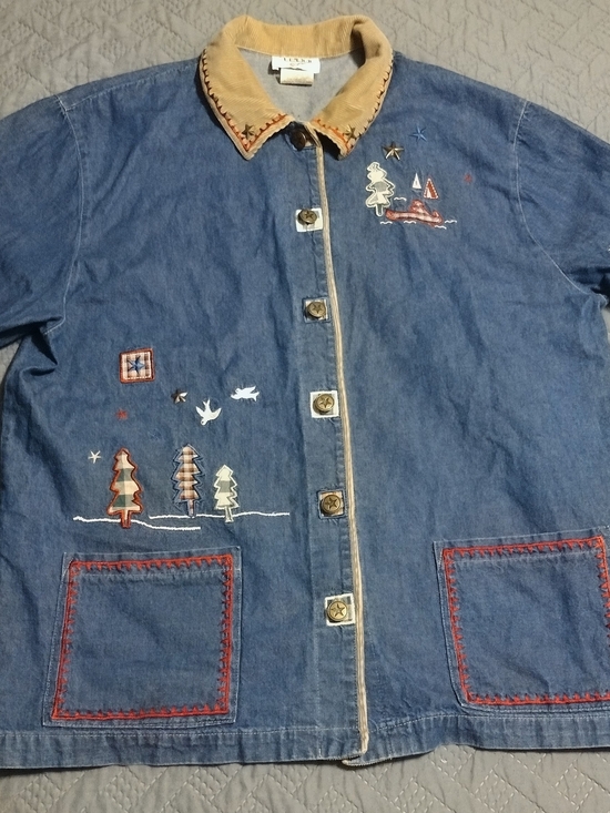 Teddi Jackets & Blazers - Vintage Teddi Blue Denim Jacket with Tan Corduroy Collar and Red Stitching